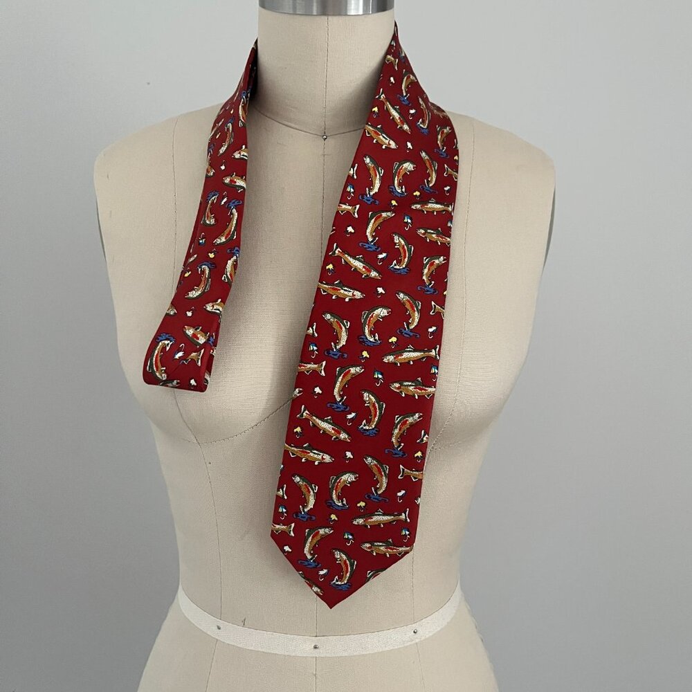 Alynn Rainbow Trout Fishing Tie Silk Neckwear Novelty Tie Dark Red Made in USA